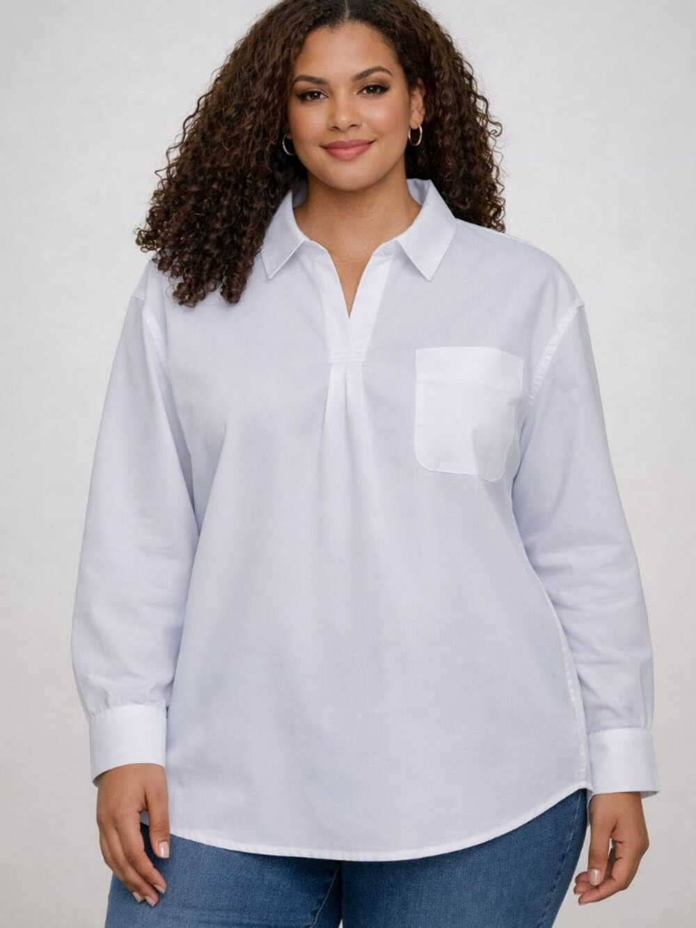 Crisp Solid White Poplin Popover 4 Button Long Sleeve Shirt